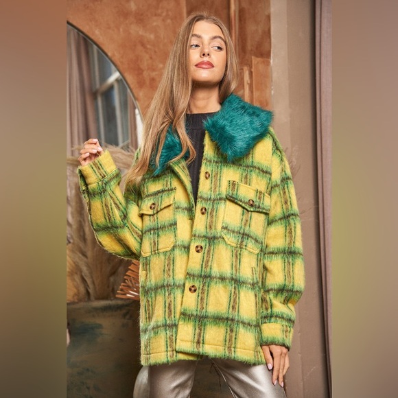 🔵 145B. Fuzzy Multi Plaid Button Front Jacket - Yellow/Green - Picture 2 of 6